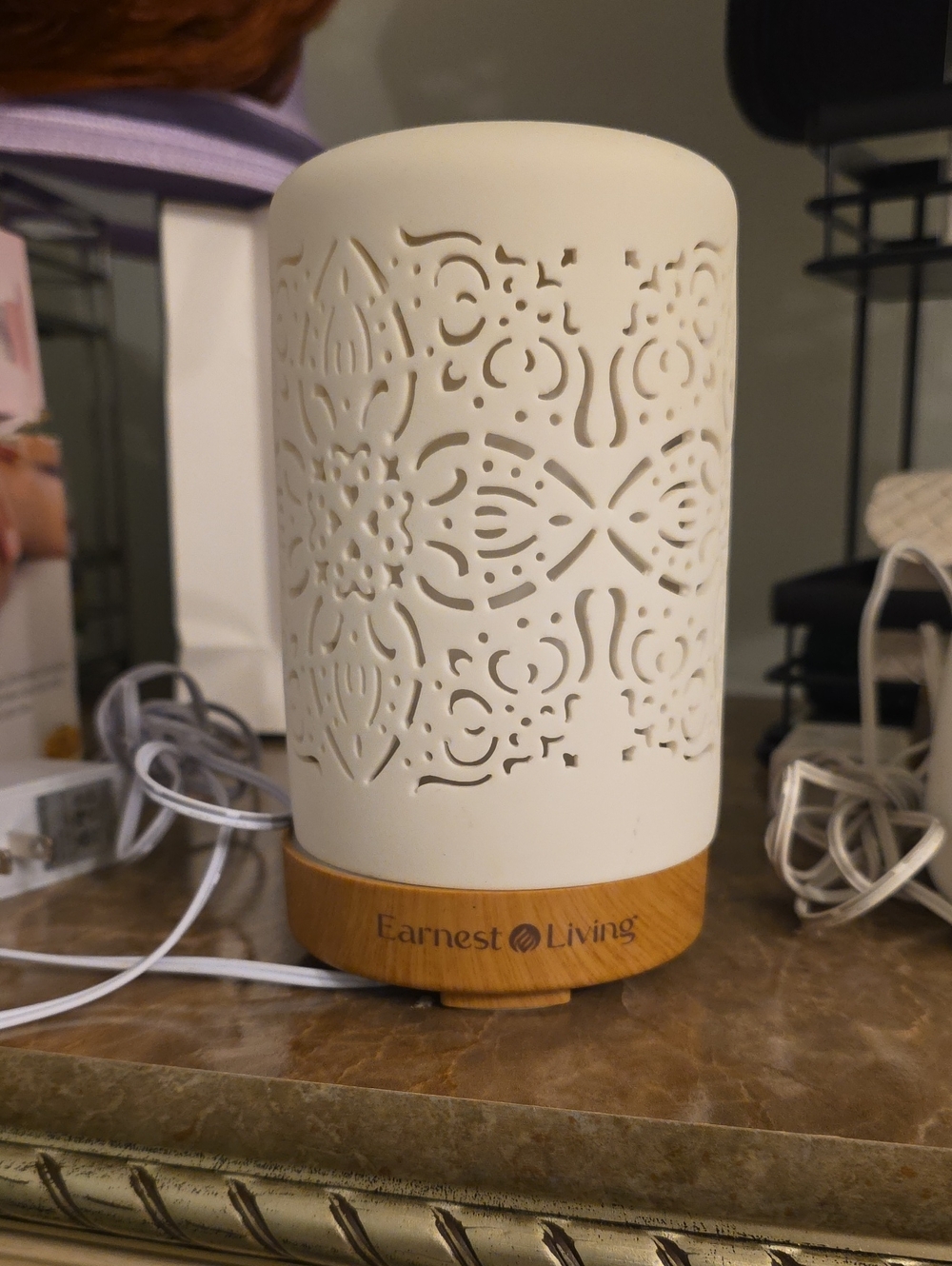 Cream Ceramic Diffuser with Wood Base
